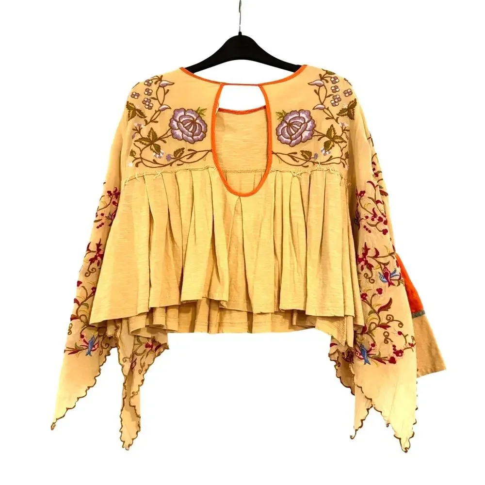 Free People Waiting On A Sunny Day Embroidered Boho Top XS Sand Combo